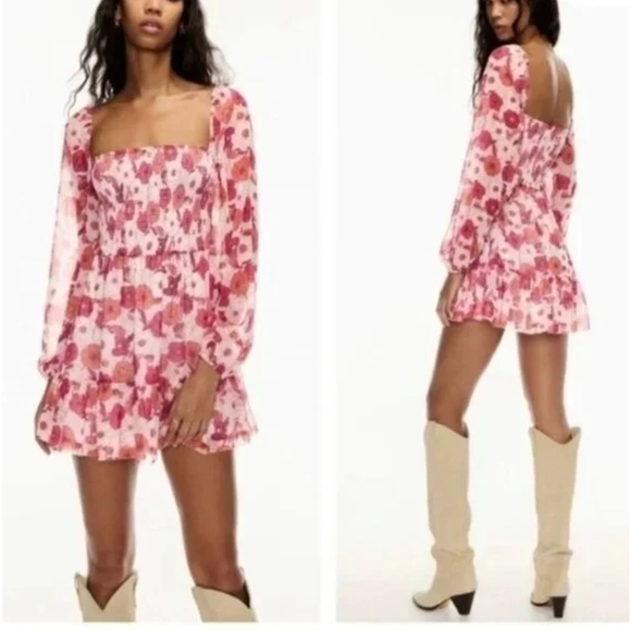 Wilfred Dresses & Skirts - Wilfred Aritzia Artesia Smocked Pink Poppy Floral Boho Cottagecore Mini Dress M